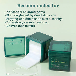 Two green containers of Pore Tightening Pad | Leaders with one open showing white pads being dispensed, alongside text listing skin concerns the product addresses including enlarged pores and uneven texture.