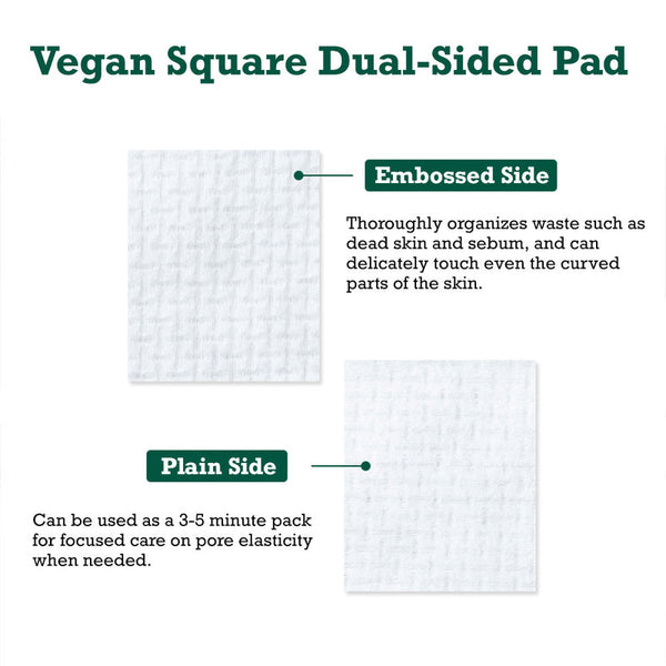 Close-up of a vegan square dual-sided skincare pad showing the embossed texture for cleansing and the plain side for pore elasticity care, labeled as Pore Tightening Pad | Leaders.