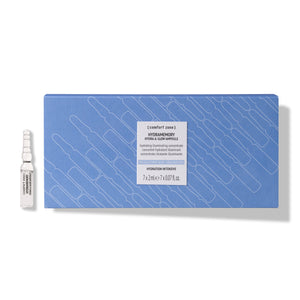 Box of Hydramemory Hydra & Glow Ampoules | [ comfort zone ] skincare product with one clear ampoule beside it on a white background, highlighting hydration and glow benefits.
