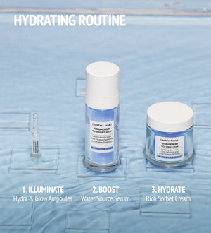 Hydramemory Hydra & Glow Ampoules | [ comfort zone ] displayed with Water Source Serum and Rich Sorbet Cream in a skincare hydrating routine against a soft blue background.