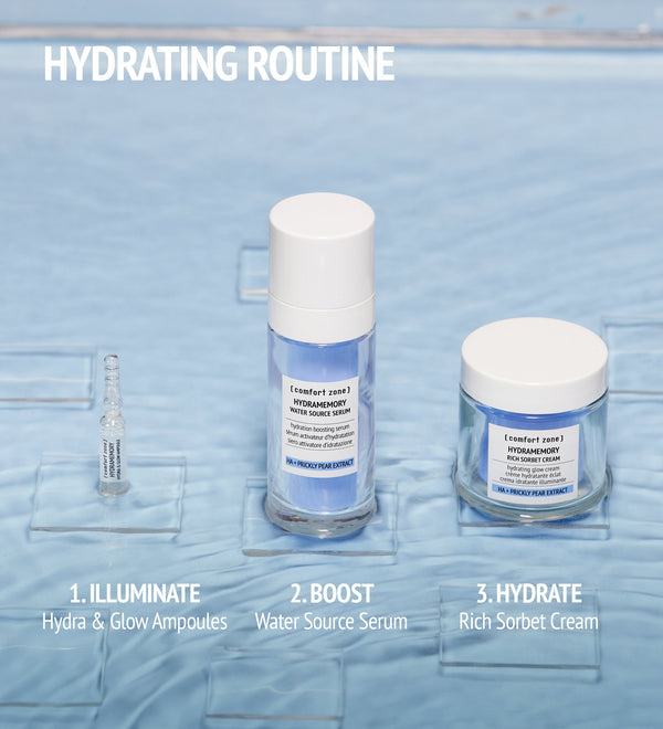 Hydramemory Hydra & Glow Ampoules | [ comfort zone ] displayed with Water Source Serum and Rich Sorbet Cream in a skincare hydrating routine against a soft blue background.