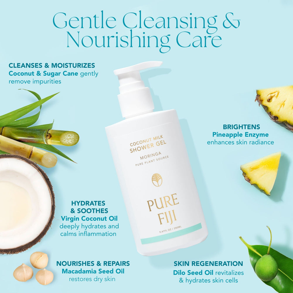 Coconut Milk Shower Gel | Pure Fiji in a white pump bottle with gold text, surrounded by natural elements for a fresh skincare and body care wellness vibe.