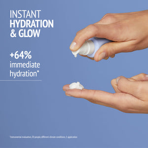 Person dispensing white cream from a small pump bottle onto a fingertip with text highlighting instant hydration and glow benefits and +64% immediate hydration for Exotic Garden Kit | [ comfort zone ].