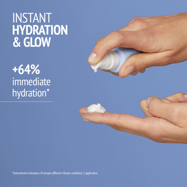 Person dispensing white cream from a small pump bottle onto a fingertip with text highlighting instant hydration and glow benefits and +64% immediate hydration for Exotic Garden Kit | [ comfort zone ].