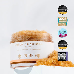 Jar of Coconut Sugar Scrub | Pure Fiji with golden exfoliating sugar crystals and multiple skincare award badges displayed beside it, highlighting its quality and effectiveness.