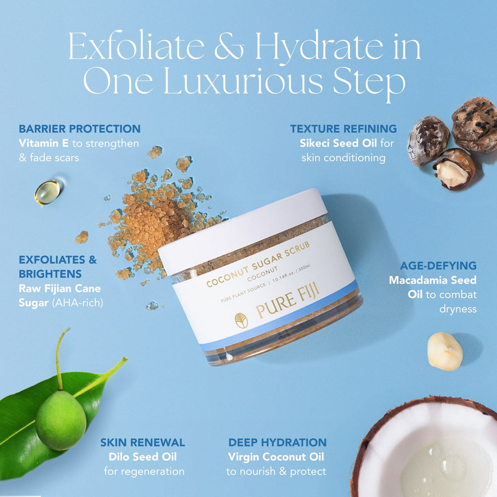 Jar of Coconut Sugar Scrub | Pure Fiji with golden exfoliating sugar crystals and multiple skincare award badges displayed beside it, highlighting its quality and effectiveness.