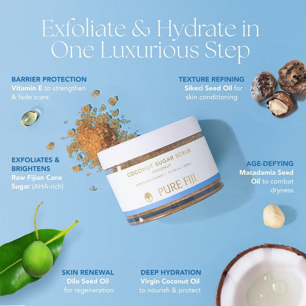 Jar of Coconut Sugar Scrub | Pure Fiji surrounded by natural ingredients including raw cane sugar, macadamia nuts, coconut, and green seeds, highlighting its skincare benefits like exfoliation, hydration, and skin renewal.