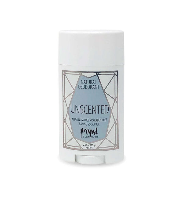 Natural Deodorant 2.65 oz. - UNSCENTED | Primal Elements in a white container, aluminum-free and paraben-free formula for gentle, effective body care and skincare.