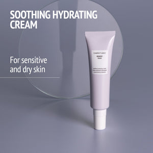 Tube of Remedy Cream | [ comfort zone ] hydrating skincare product for sensitive and dry skin displayed against a soft purple background with text highlighting its soothing properties.