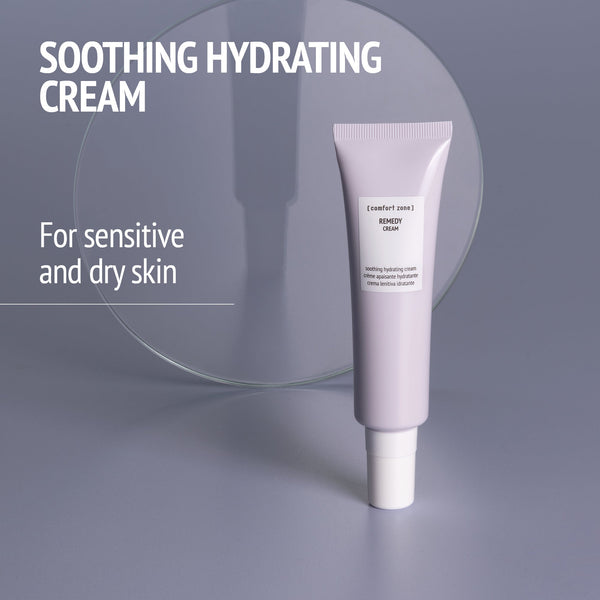 Tube of Remedy Cream | [ comfort zone ] hydrating skincare product for sensitive and dry skin displayed against a soft purple background with text highlighting its soothing properties.