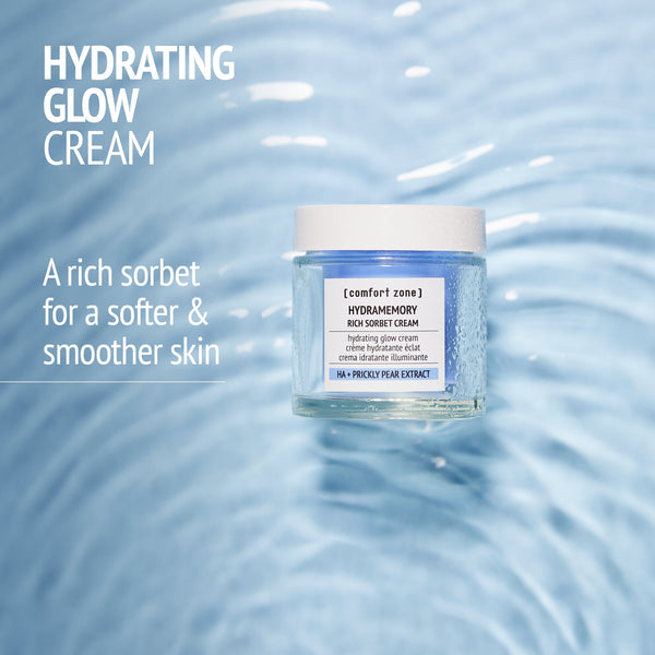 Jar of hydrating glow cream with prickly pear extract immersed in water ripples, promoting softer and smoother skin with Kit Night Garden | [ comfort zone ] skincare product.