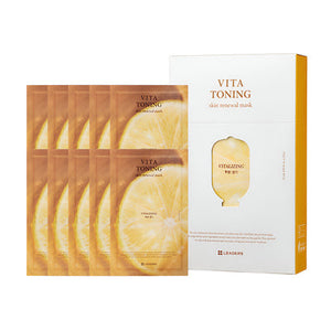 Leaders Skin Renewal Mask Vita Toning | Leaders featuring citrus-themed skincare mask packets alongside a white and orange box, promoting revitalizing skincare and wellness.