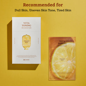 Leaders Skin Renewal Mask Vita Toning | Leaders product packaging with a citrus design shown on a yellow background, recommended for dull, uneven, and tired skin.