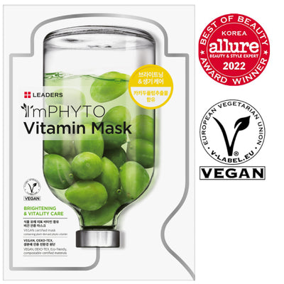 ImPHYTO Vitamin | Leaders skincare mask with green pea extract for brightening and vitality, vegan certified, featuring award badges for beauty and vegan quality.