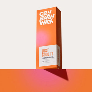 Packaging of Just Cool It Calming Mango Gel | Crybaby Wax in bright orange and white, highlighting a skincare product designed for soothing and wellness.
