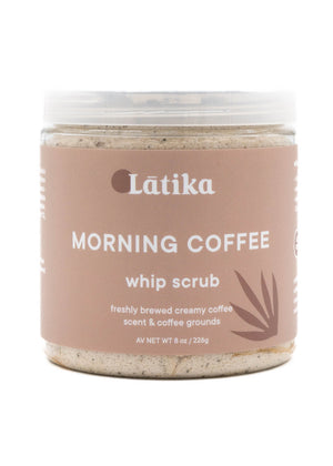 Clear jar of Whip Scrub | Latika with a beige label reading "Morning Coffee whip scrub" featuring freshly brewed creamy coffee scent and coffee grounds for skincare and body care.