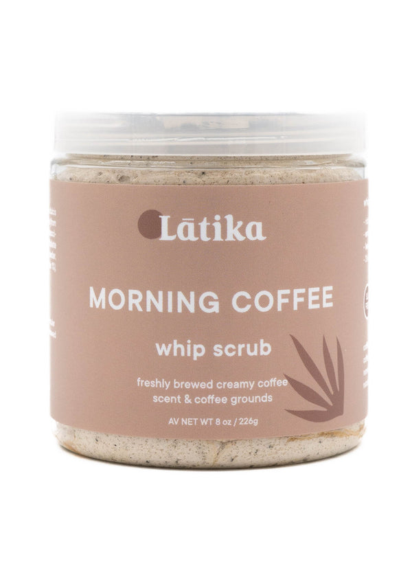 Clear jar of Whip Scrub | Latika with a beige label reading "Morning Coffee whip scrub" featuring freshly brewed creamy coffee scent and coffee grounds for skincare and body care.