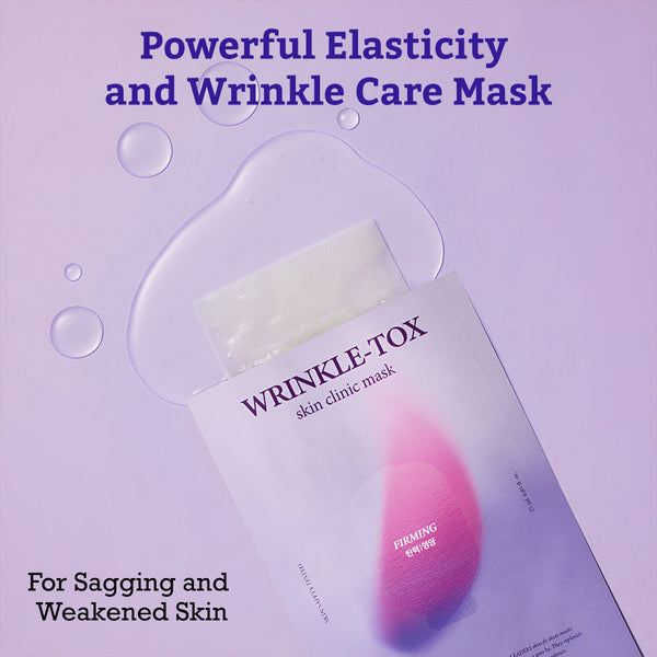 Leaders Skin Clinic Mask Wrinkle-Tox | Leaders packaging partially open with clear liquid droplets on a light purple background, promoting skincare for sagging and weakened skin.