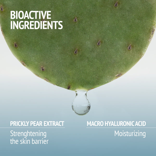 Close-up of a green prickly pear leaf with a water droplet hanging from the edge, highlighting bioactive ingredients for skincare in Kit Night Garden | [ comfort zone ].