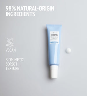Hydramemory Light Sorbet Cream | [ comfort zone ] skincare product in a light blue tube with a drop of cream beside it, highlighting natural-origin ingredients, vegan formula, and biomimetic sorbet texture.