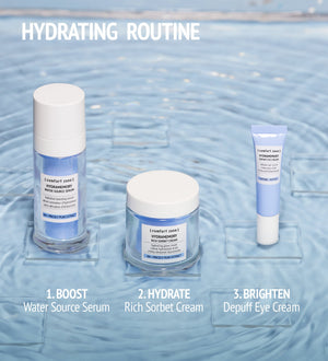 Hydramemory Rich Sorbet Cream | [ comfort zone ] displayed in a skincare hydrating routine alongside Water Source Serum and Depuff Eye Cream on a water surface.