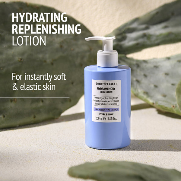 Hydrating replenishing lotion in a blue pump bottle from Exotic Garden Kit | [ comfort zone ] designed for instantly soft and elastic skin with natural plant extracts.