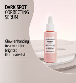 Bottle of Luminant Serum | [ comfort zone ] in soft pink packaging with dropper, displayed as a dark spot correcting skincare product for brighter, illuminated skin.