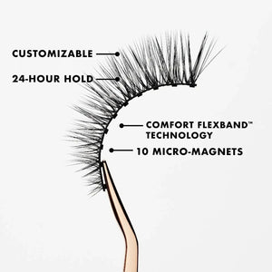Classy Lash | Moxielash magnetic false lash held by tweezers, labeled CUSTOMIZABLE, 24-HOUR HOLD, COMFORT FLEXBAND TECHNOLOGY, and 10 MICRO-MAGNETS