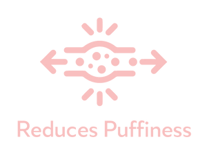 Pink graphic icon illustrating reduced puffiness with arrows and light rays above text that reads "Reduces Puffiness" for Hydrating Reusable Chest Pad | Dreambox Beauty.