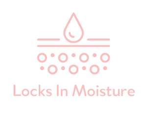 Pink icon illustrating moisture being locked into skin with text below saying Locks In Moisture, representing Hydrating Reusable Chest Pad | Dreambox Beauty for skincare and body care.