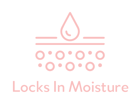Pink icon illustrating moisture being locked into skin with text below saying Locks In Moisture, representing Hydrating Reusable Chest Pad | Dreambox Beauty for skincare and body care.