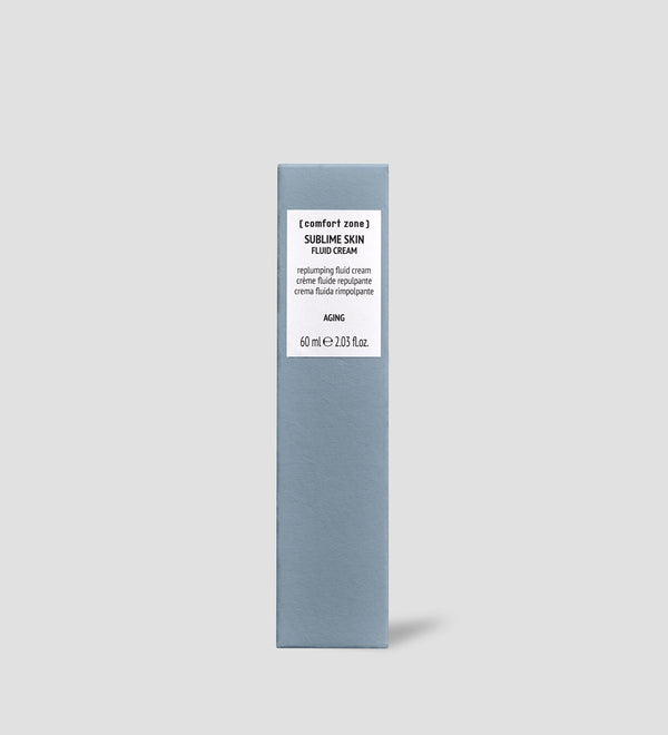 Minimalist packaging of Sublime Skin Fluid Cream | [ comfort zone ] in a matte grey rectangular box designed for skincare and body care products at Live Love Spa.