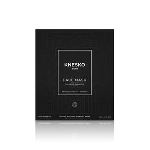 Diamond Radiance Face Mask - 4 Pack | Knesko packaging showing a sleek black design with white text, highlighting skincare benefits like brightening, hydrating, and energizing.