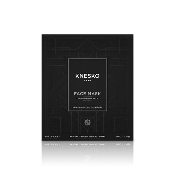Diamond Radiance Face Mask - 4 Pack | Knesko packaging showing a sleek black design with white text, highlighting skincare benefits like brightening, hydrating, and energizing.