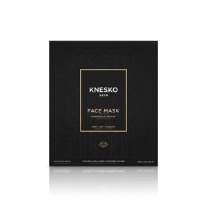 Black sleek packaging of Nanogold Repair Face Mask - 4 Pack | Knesko with gold and white text highlighting firming, lifting, and hydrating skincare benefits.