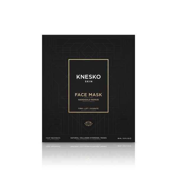 Black sleek packaging of Nanogold Repair Face Mask - 4 Pack | Knesko with gold and white text highlighting firming, lifting, and hydrating skincare benefits.