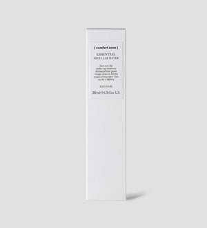 White rectangular box packaging of Essential Micellar Water | [ comfort zone ] for skincare, featuring minimalistic design and product details on a light gray background.