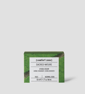 Sacred Nature Hydra Cream | [ comfort zone ] skincare product box with green nature-inspired design, suitable for normal skin and facial hydration.