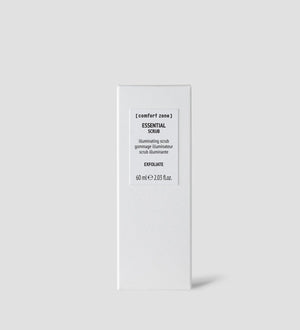 Minimalist white packaging of Essential Scrub | [ comfort zone ] skincare product with text highlighting its exfoliating and illuminating properties, suitable for body care.