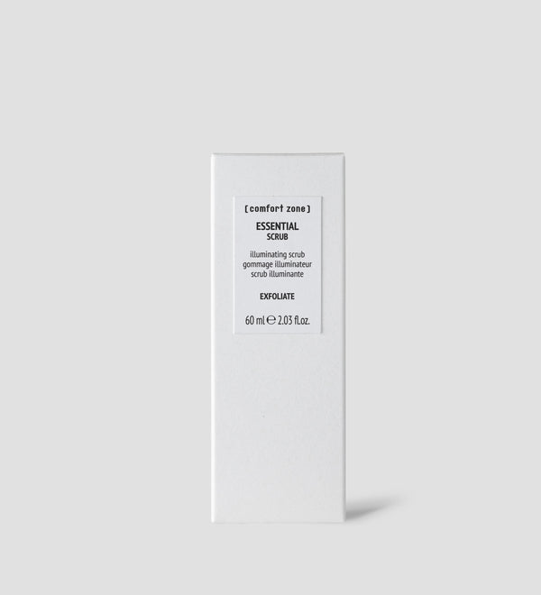 Minimalist white packaging of Essential Scrub | [ comfort zone ] skincare product with text highlighting its exfoliating and illuminating properties, suitable for body care.