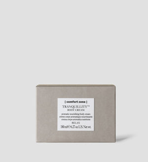 Box packaging of Tranquillity Body Cream | [ comfort zone ] showcasing a neutral beige color with a white label, highlighting a nourishing aromatic body cream for relaxation and skincare.