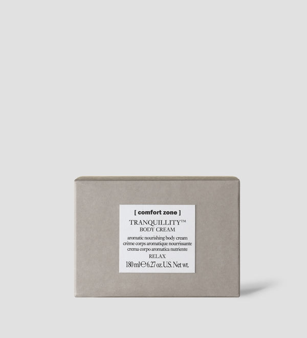 Box packaging of Tranquillity Body Cream | [ comfort zone ] showcasing a neutral beige color with a white label, highlighting a nourishing aromatic body cream for relaxation and skincare.