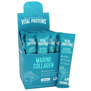 Box and individual packets of Marine Collagen - Unflavored | Vital Proteins dietary supplement showing turquoise packaging with fish illustration promoting skin, hair, nail, and joint support.