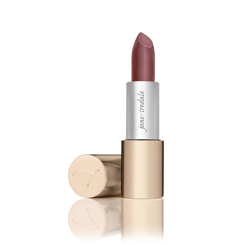Elegant mauve lipstick with a creamy finish displayed next to its sleek gold case, featuring the product Triple Luxe Long Lasting Naturally Moist Lipstick | Jane Iredale