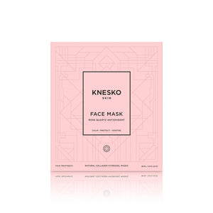 Packaging of Rose Quartz Antioxidant Face Mask - 4 Pack | Knesko in soft pink with geometric design, promoting skincare with calming and soothing benefits.