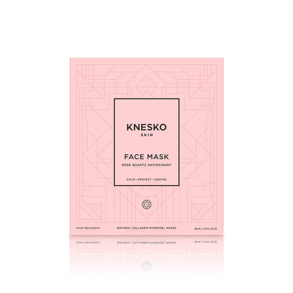 Packaging of Rose Quartz Antioxidant Face Mask - 4 Pack | Knesko in soft pink with geometric design, promoting skincare with calming and soothing benefits.