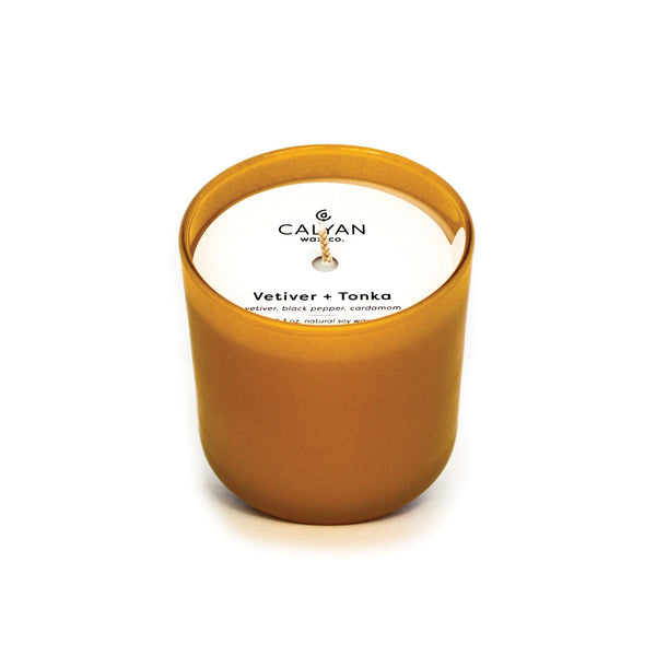 Vetiver + Tonka Dignity Series Glass Jar Soy Candle | Calyan Wax Co. - 5.3 oz in a matte amber glass jar, featuring a single wick and minimalist label design.