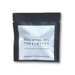 Packaging of Essential Oil Towelettes luxury make-up remover with jasmine sandalwood scent, a part of Make Up Remover Wipes | Functional Botanicals skincare line