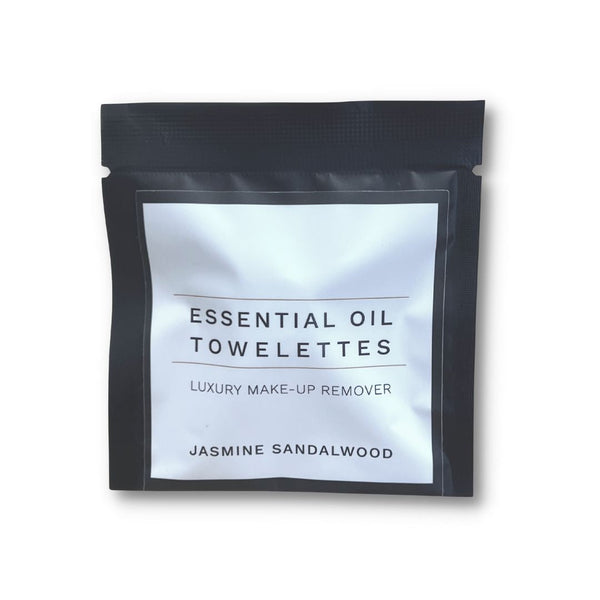 Packaging of Essential Oil Towelettes luxury make-up remover with jasmine sandalwood scent, a part of Make Up Remover Wipes | Functional Botanicals skincare line
