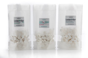 Three clear resealable bags filled with round white wipes labeled Essential Wipes and Luna Wipes, showcasing Essential Wipes Plus PRO Pak - 350 qty | Functional Botanicals for skincare and wellness.